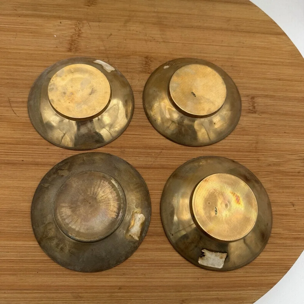 Vintage Korean Brass Dish Embossed  Small Trinket Bowl Set Of 4 Crane Deer